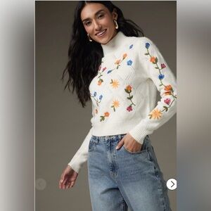 Francesca’s Abigail Miami Floral Embroidered White Sweater, Size Medium